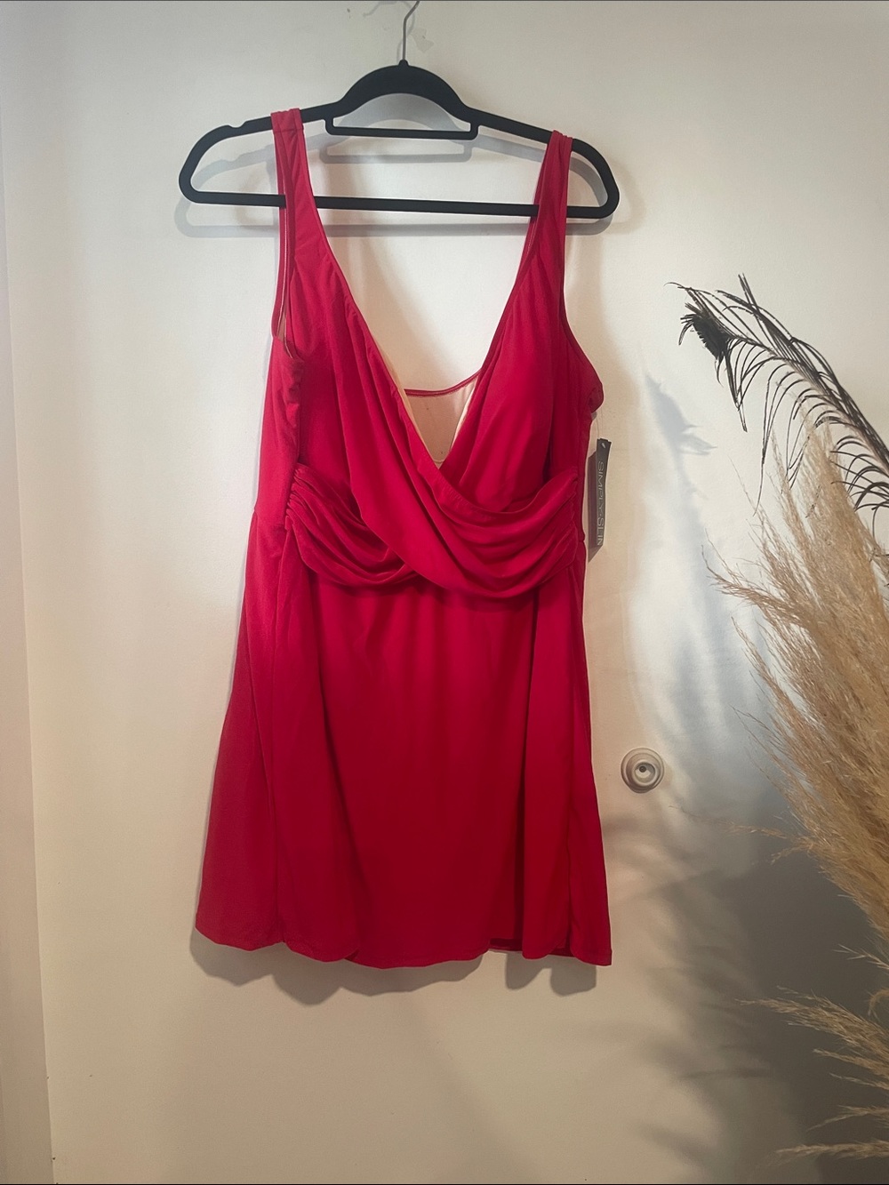 NWT Simply Slim Red Sleeveless Draped V-Neck Swim Dress SZ 3X B132